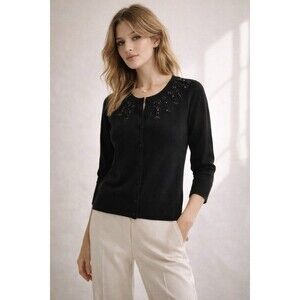 Banana Republic Black Merino Wool Cardigan Beaded Button M